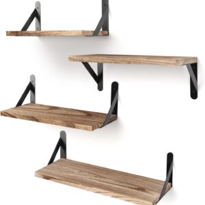 YGEOMER Floating Shelves, Rustic Wood Shelves, 4 Sets of Wall Mounted Shelf for Bathroom Decor, Bedroom, Living Room and Plants (Carbonized Black)