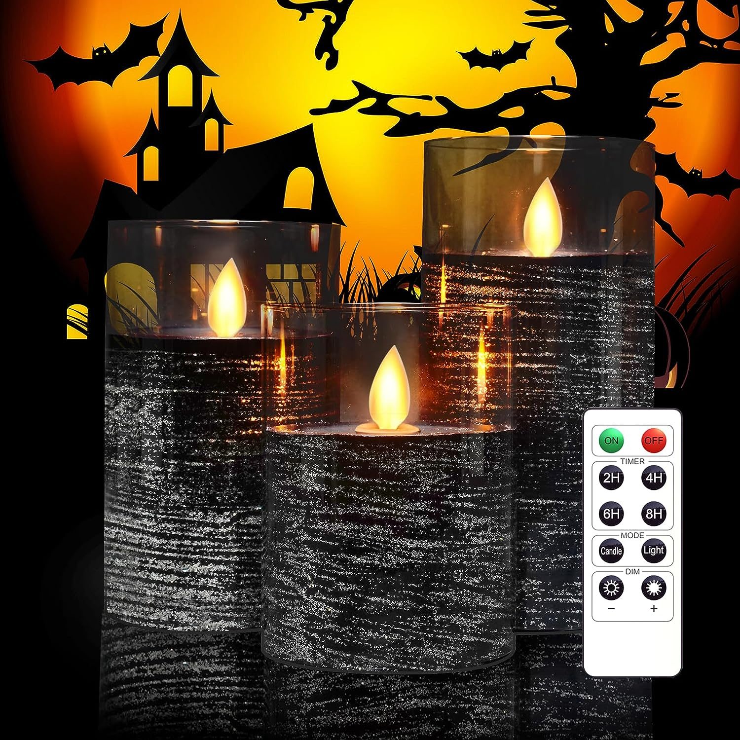 Eebuss Flameless Flickering Candles with Remote Control, Glass Real Wax Led Candles 2/4/6/8 H Timable Battery Operated Candles Set of 3(D3 X H 4" 5" 6")(Black)